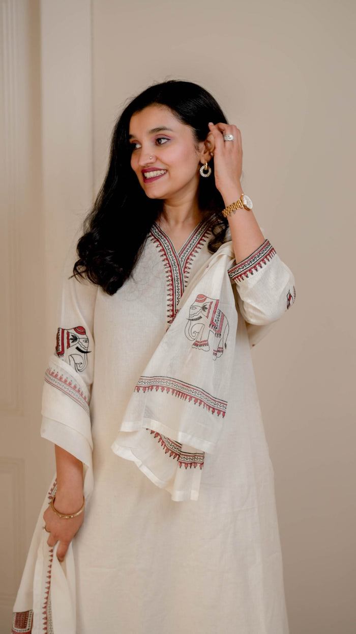 Shiya Embroidered Cotton Set- Off White Red