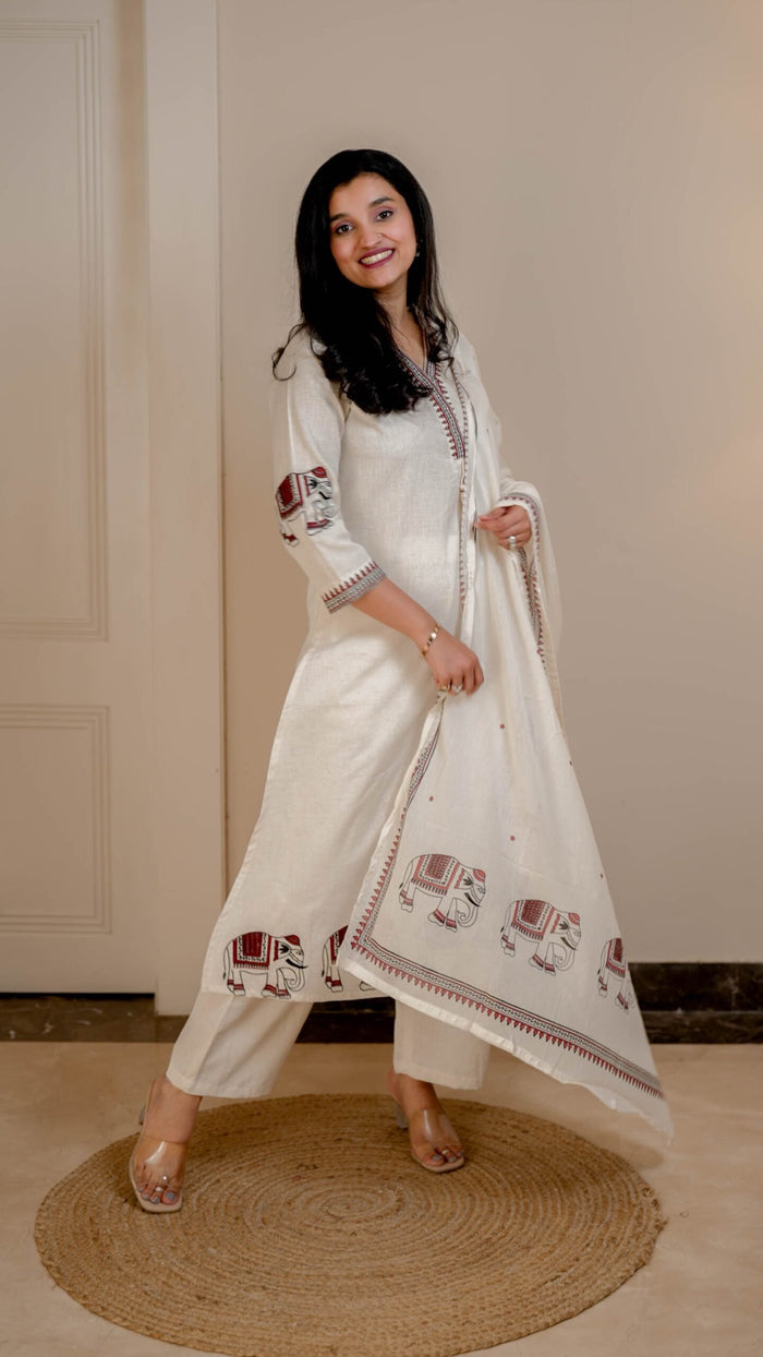 Shiya Embroidered Cotton Set- Off White Red