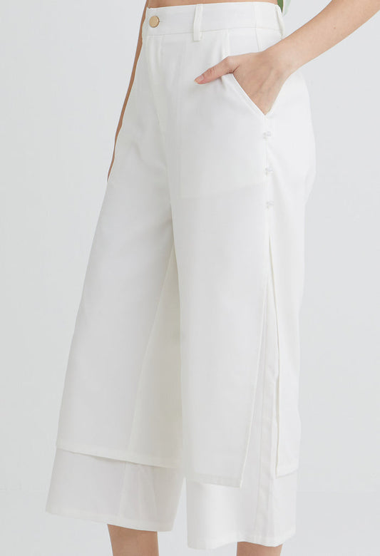 Side Slit Mandarin Button Layered Culottes Trousers