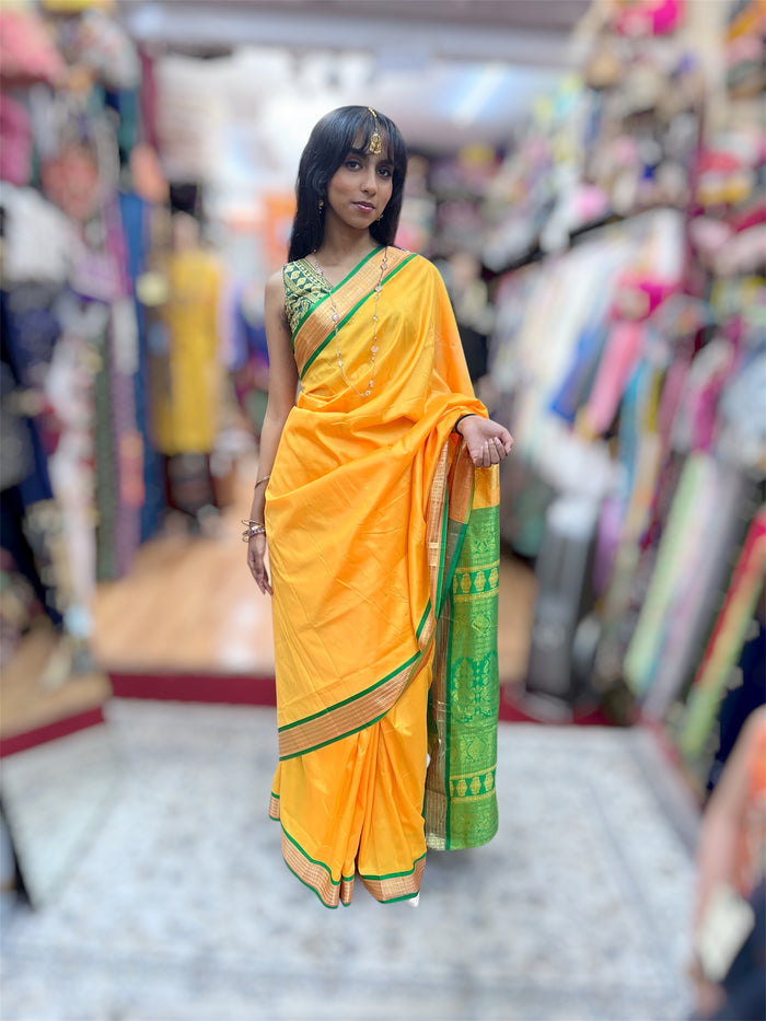 Silk Banarasi Marigold  Yellow With Green With Gold Woven Pattern Saree