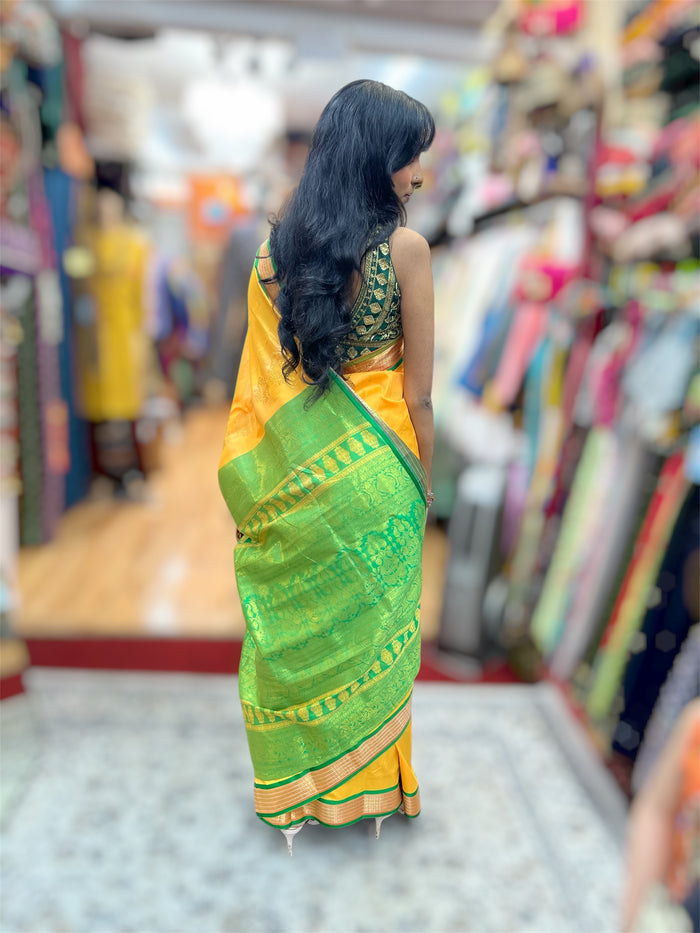 Silk Banarasi Marigold  Yellow With Green With Gold Woven Pattern Saree