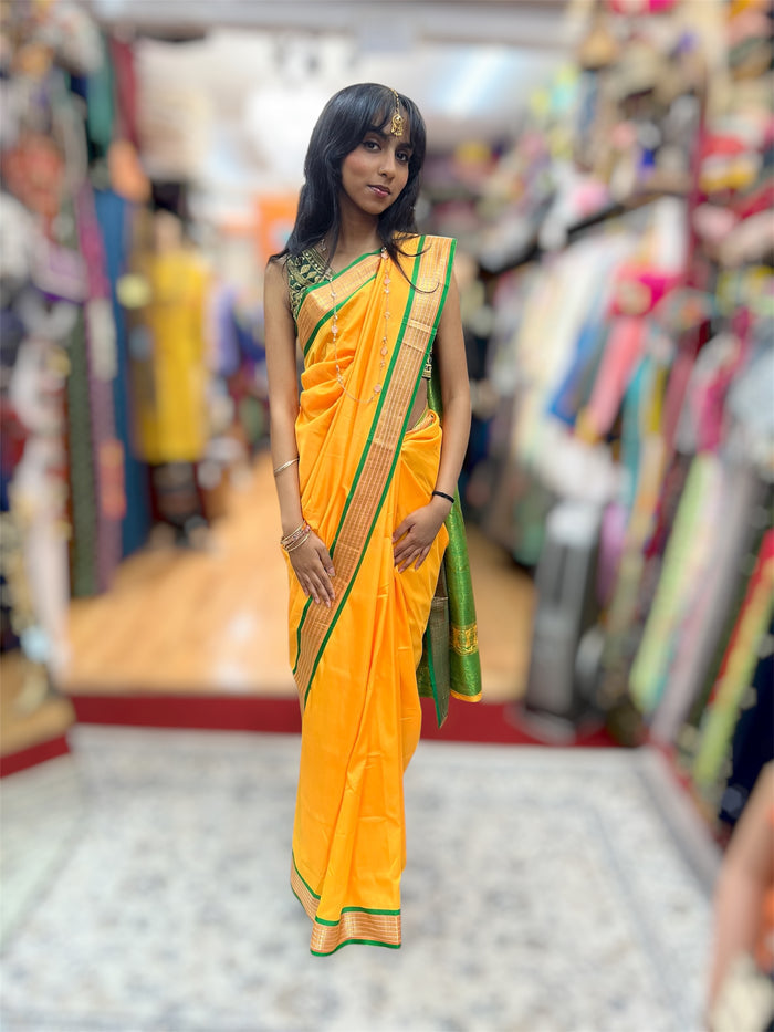 Silk Banarasi Marigold  Yellow With Green With Gold Woven Pattern Saree