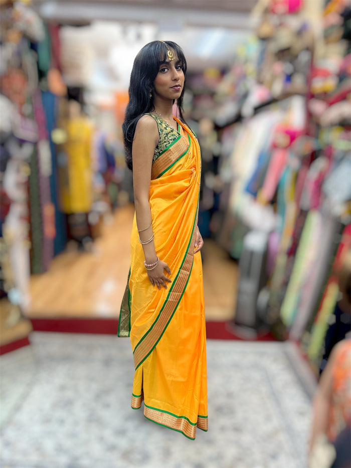 Silk Banarasi Marigold  Yellow With Green With Gold Woven Pattern Saree