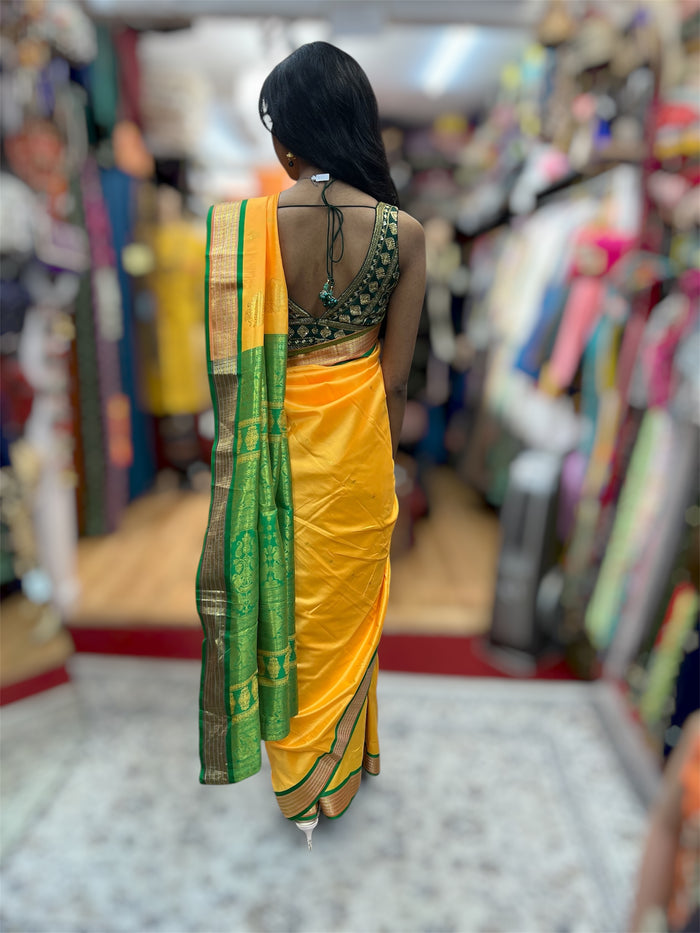 Silk Banarasi Marigold  Yellow With Green With Gold Woven Pattern Saree