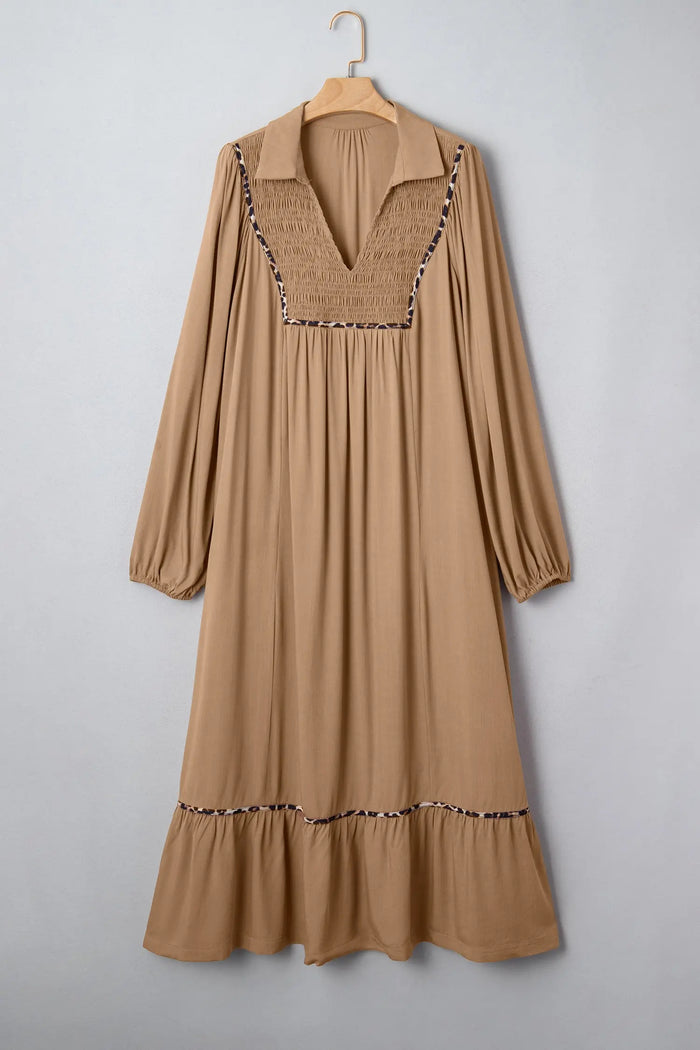 Smocked V-Neckline Leopard Piping Accent Bracelet Plus Size Long Dress - Size/Plus Dresses/Plus Maxi Dresses