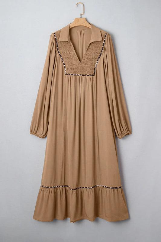 Smocked V-Neckline Leopard Piping Accent Bracelet Plus Size Long Dress - Size/Plus Dresses/Plus Maxi Dresses