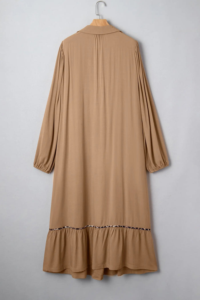 Smocked V-Neckline Leopard Piping Accent Bracelet Plus Size Long Dress - Size/Plus Dresses/Plus Maxi Dresses
