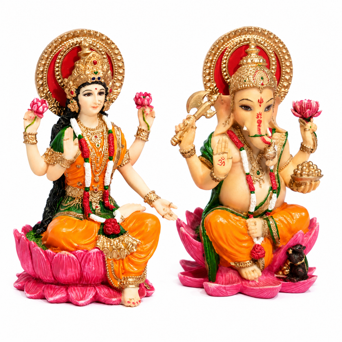 Song of India® Hand-Painted Lakshmi & Ganesha Lotus Figurine Set | Diwali Décor