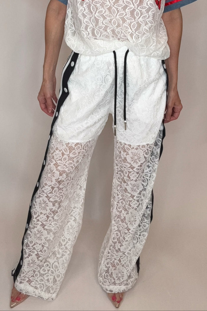 Style the Sporty Lace Snap Pants with Stripes exclusively at Born To Glam