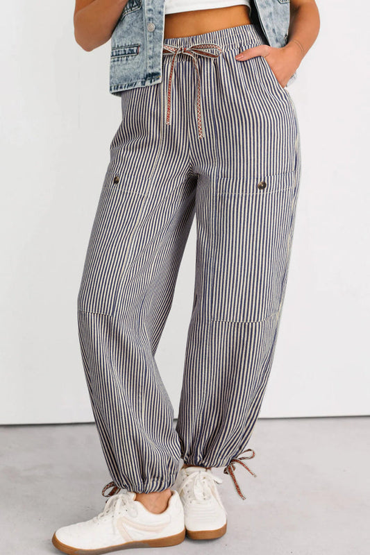 Stripe Button Patch Pocket Drawstring Elastic Waist Loose Pants - Khaki / 4 - Bottoms/Pants & Culotte