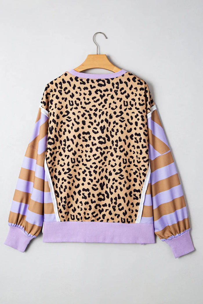 Stripe Colour Block Leopard Casual Sweatshirt with Slits - Tops/Sweatshirts & Hoodies