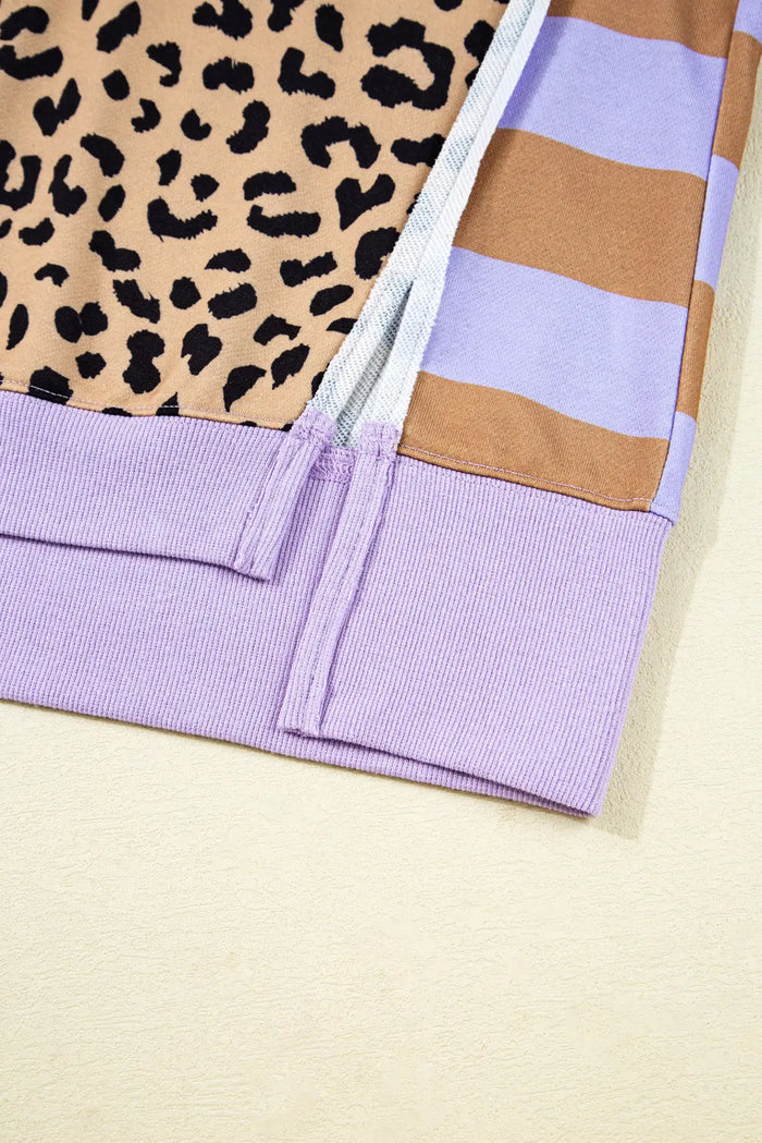 Stripe Colour Block Leopard Casual Sweatshirt with Slits - Tops/Sweatshirts & Hoodies