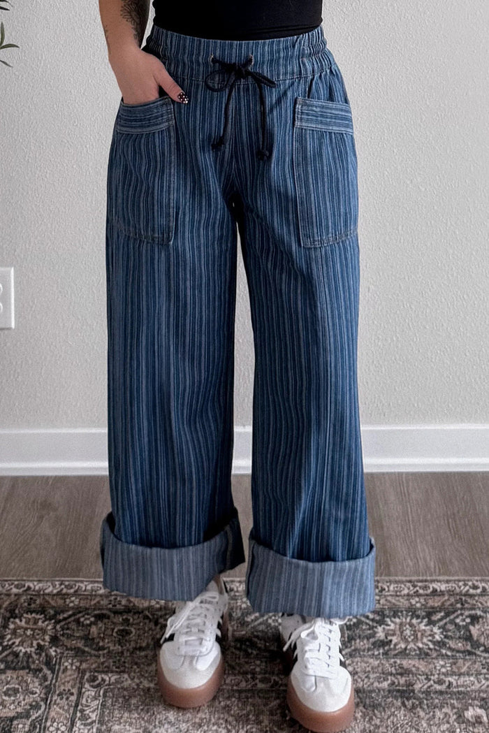Stripe Contrasted Drawstring Pocketed Loose Jeans - Blue / 4 - Bottoms/Jeans/WideLeg