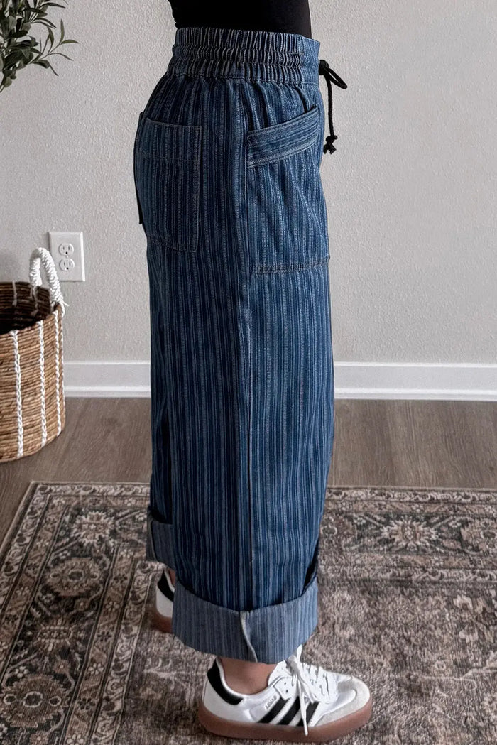 Stripe Contrasted Drawstring Pocketed Loose Jeans - Bottoms/Jeans/WideLeg
