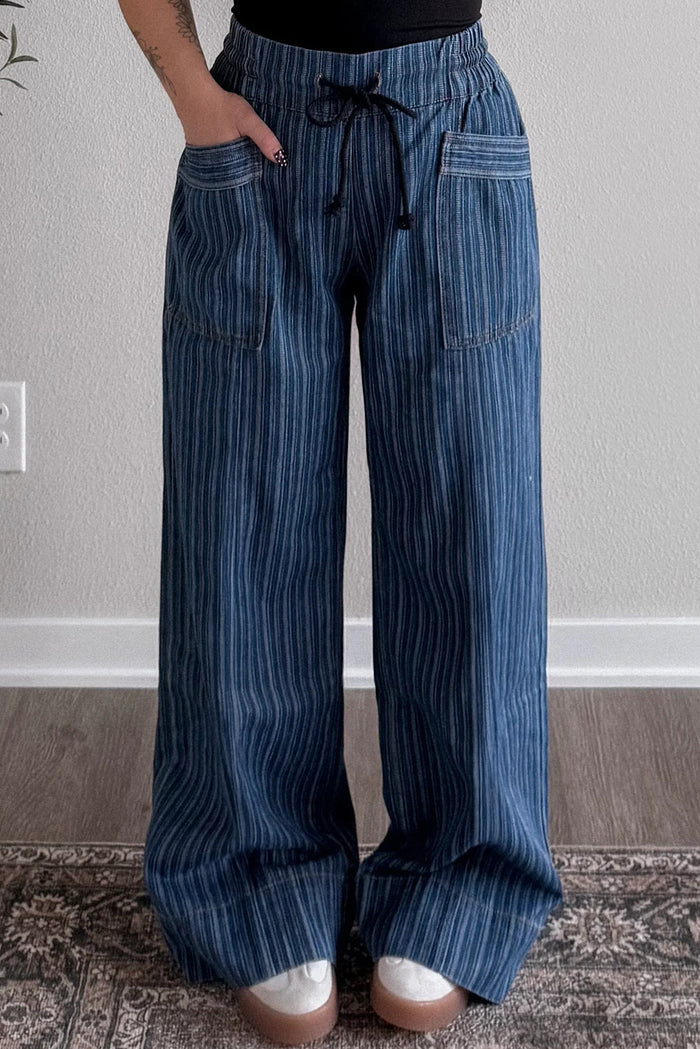 Stripe Contrasted Drawstring Pocketed Loose Jeans - Bottoms/Jeans/WideLeg