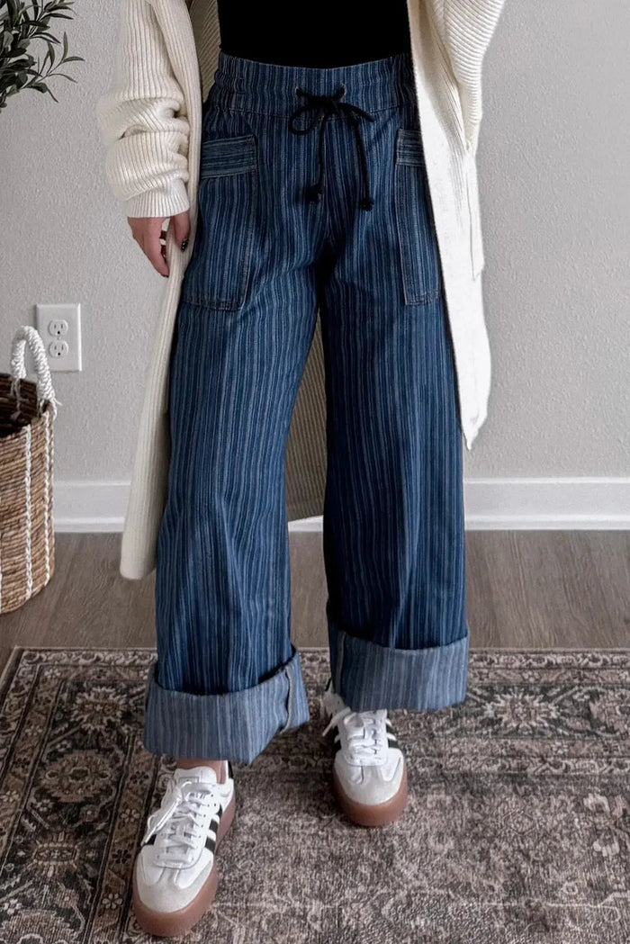 Stripe Contrasted Drawstring Pocketed Loose Jeans - Bottoms/Jeans/WideLeg