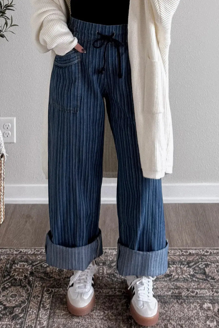 Stripe Contrasted Drawstring Pocketed Loose Jeans - Bottoms/Jeans/WideLeg