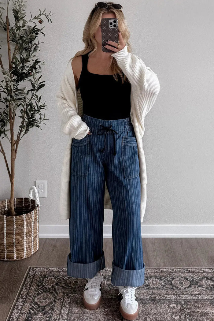 Stripe Contrasted Drawstring Pocketed Loose Jeans - Bottoms/Jeans/WideLeg