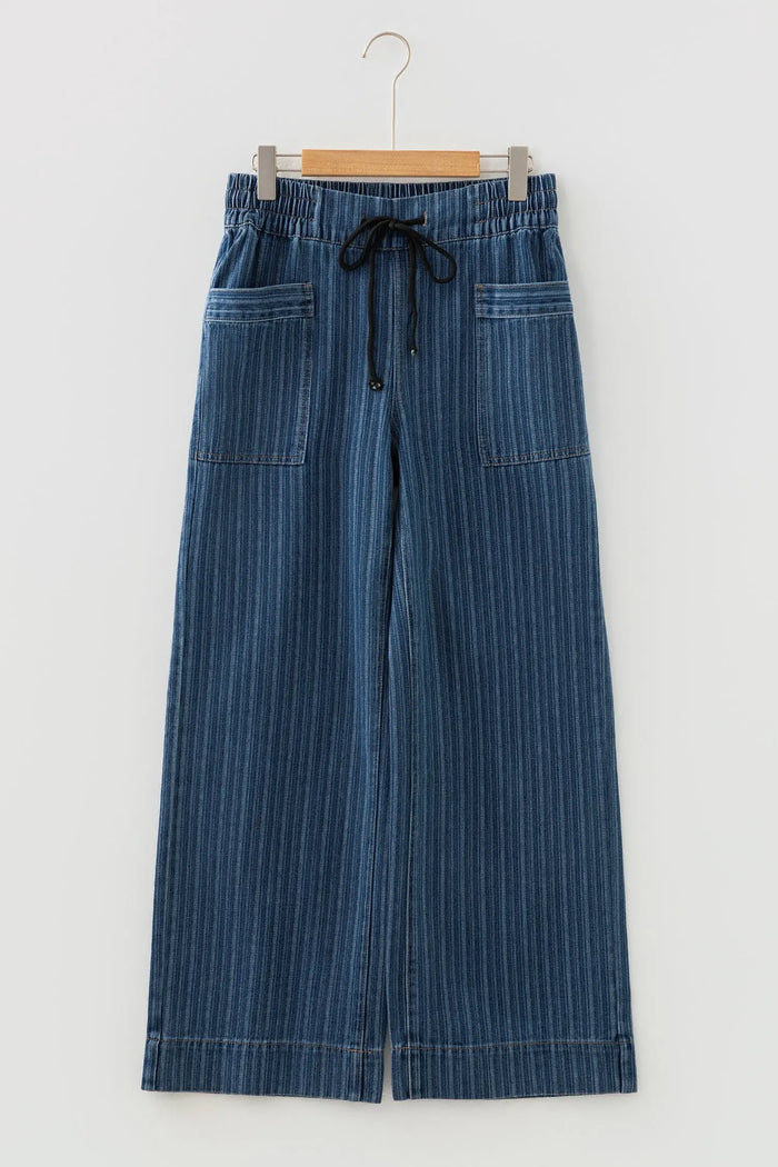 Stripe Contrasted Drawstring Pocketed Loose Jeans - Bottoms/Jeans/WideLeg
