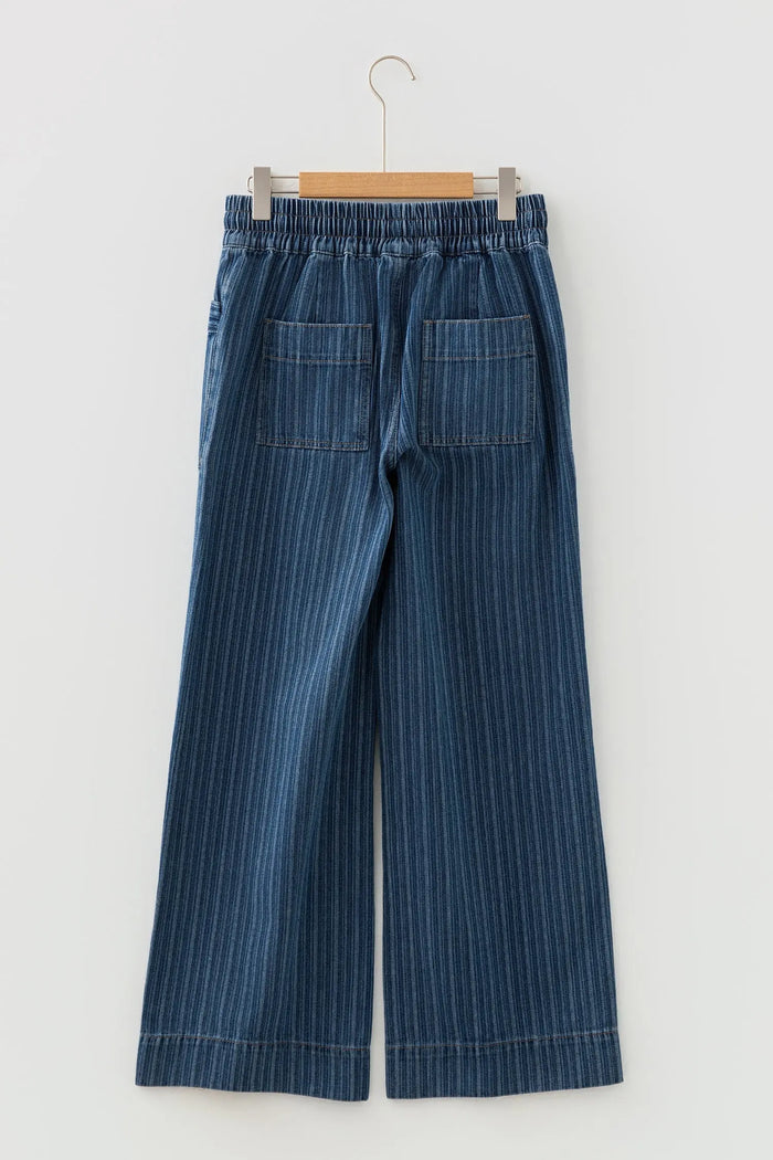 Stripe Contrasted Drawstring Pocketed Loose Jeans - Bottoms/Jeans/WideLeg