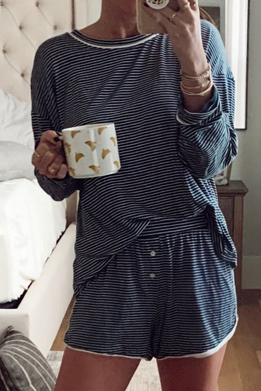 Stripe Drop Shoulder Long Sleeve Tee and Buttoned Shorts Pyjama Set - Blue / S - Loungewear & Sleepwear/Pyjama