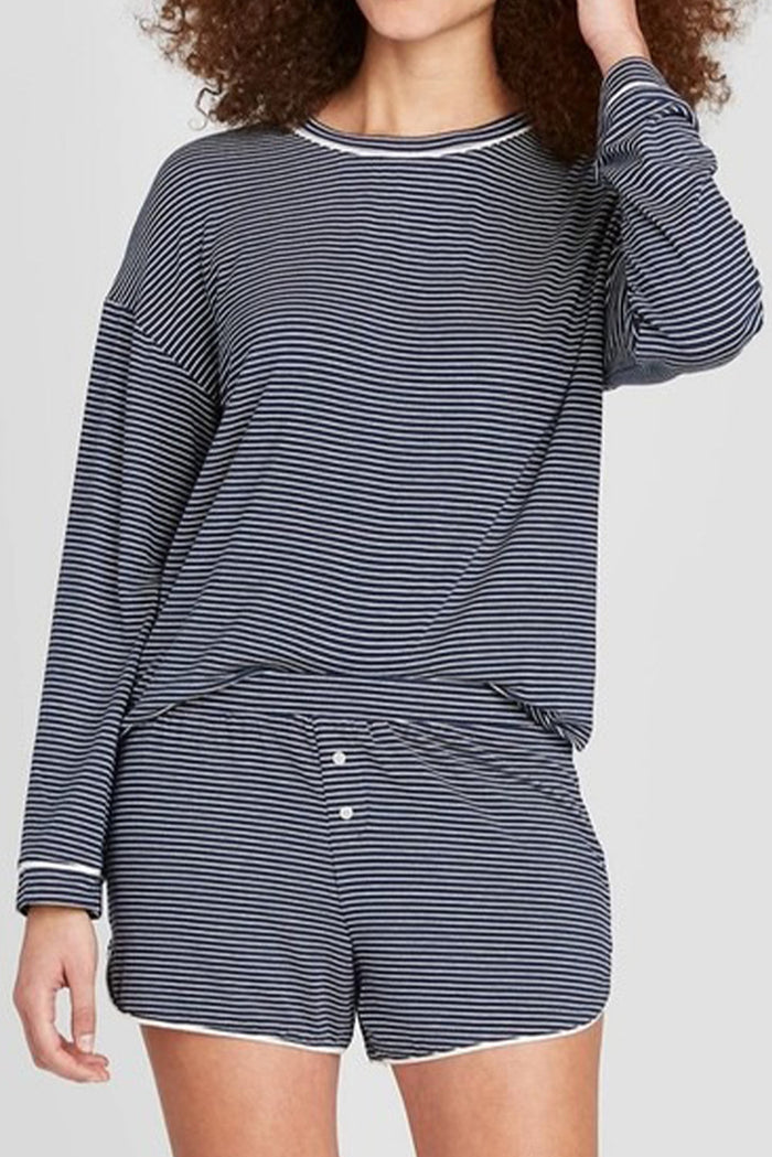 Stripe Drop Shoulder Long Sleeve Tee and Buttoned Shorts Pyjama Set - Loungewear & Sleepwear/Pyjama
