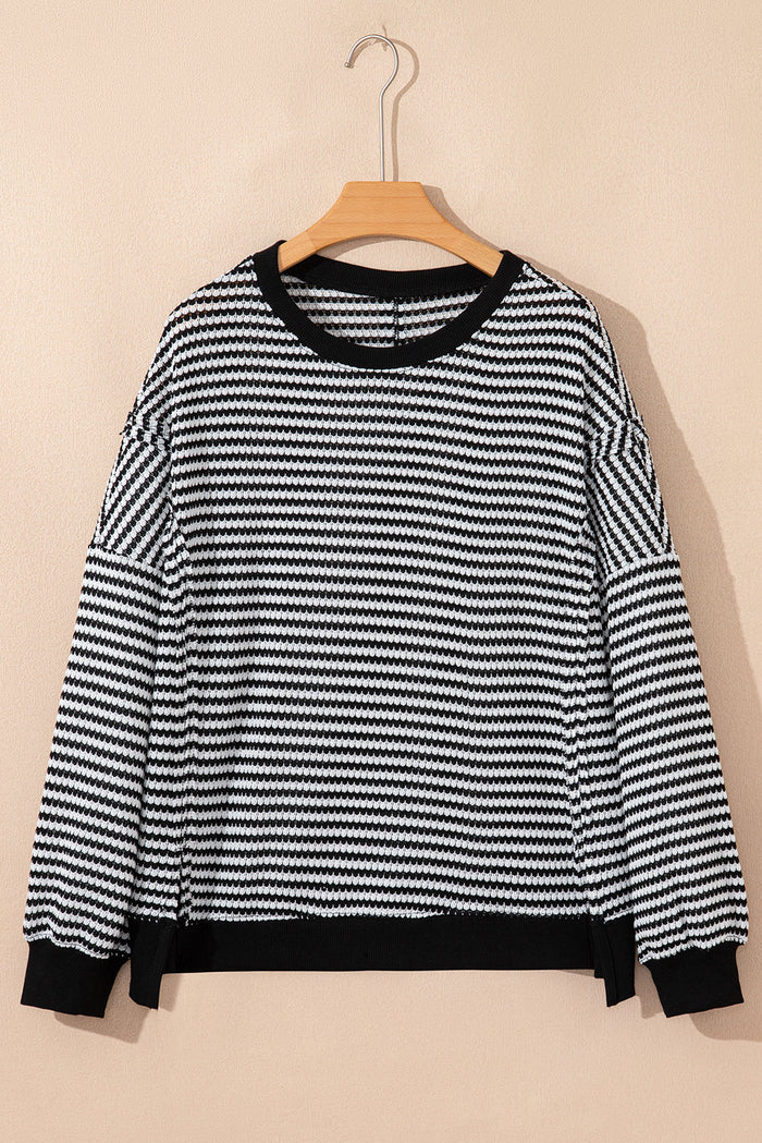 Stripe Ribbed Trim Drop Shoulder Long Sleeve Oversize Top - Tops/Long Tops