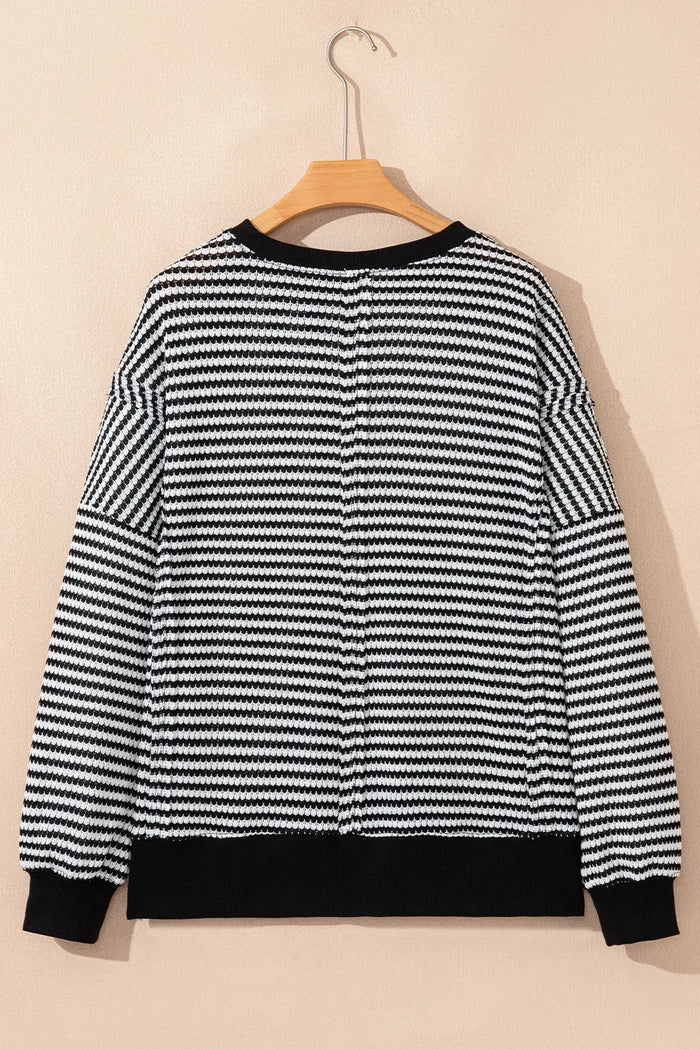 Stripe Ribbed Trim Drop Shoulder Long Sleeve Oversize Top - Tops/Long Tops