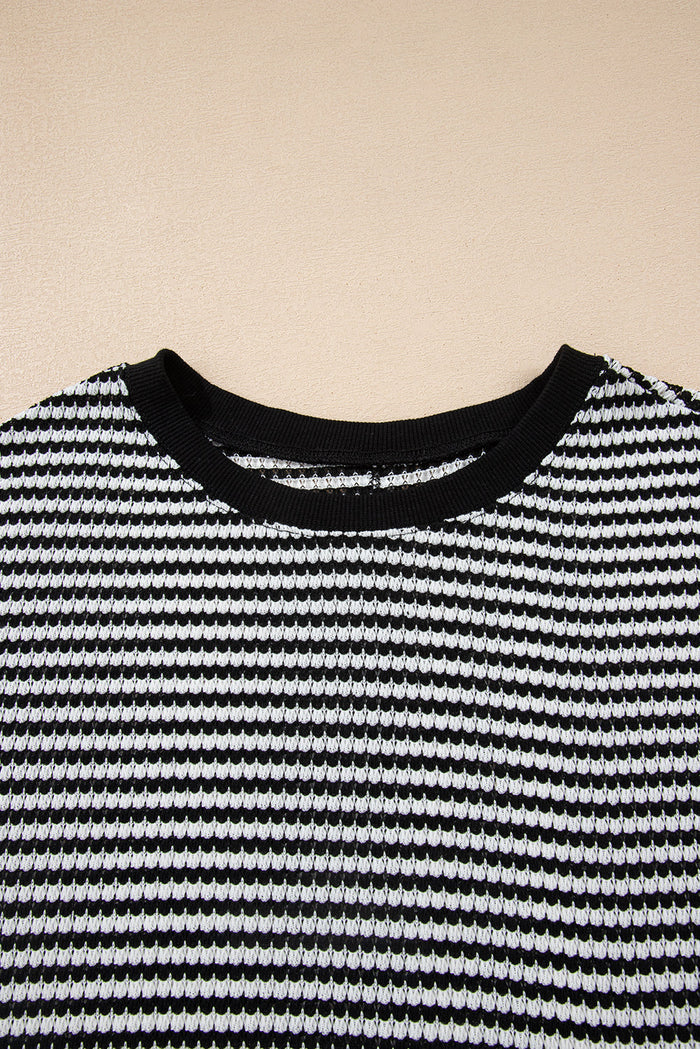 Stripe Ribbed Trim Drop Shoulder Long Sleeve Oversize Top - Tops/Long Tops