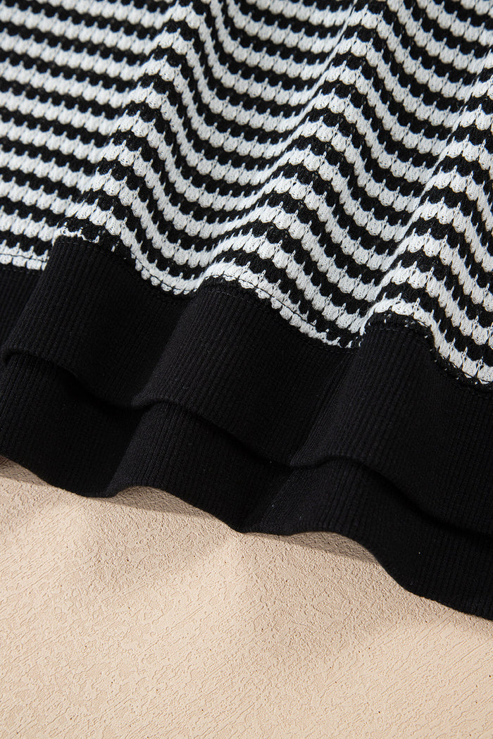 Stripe Ribbed Trim Drop Shoulder Long Sleeve Oversize Top - Tops/Long Tops