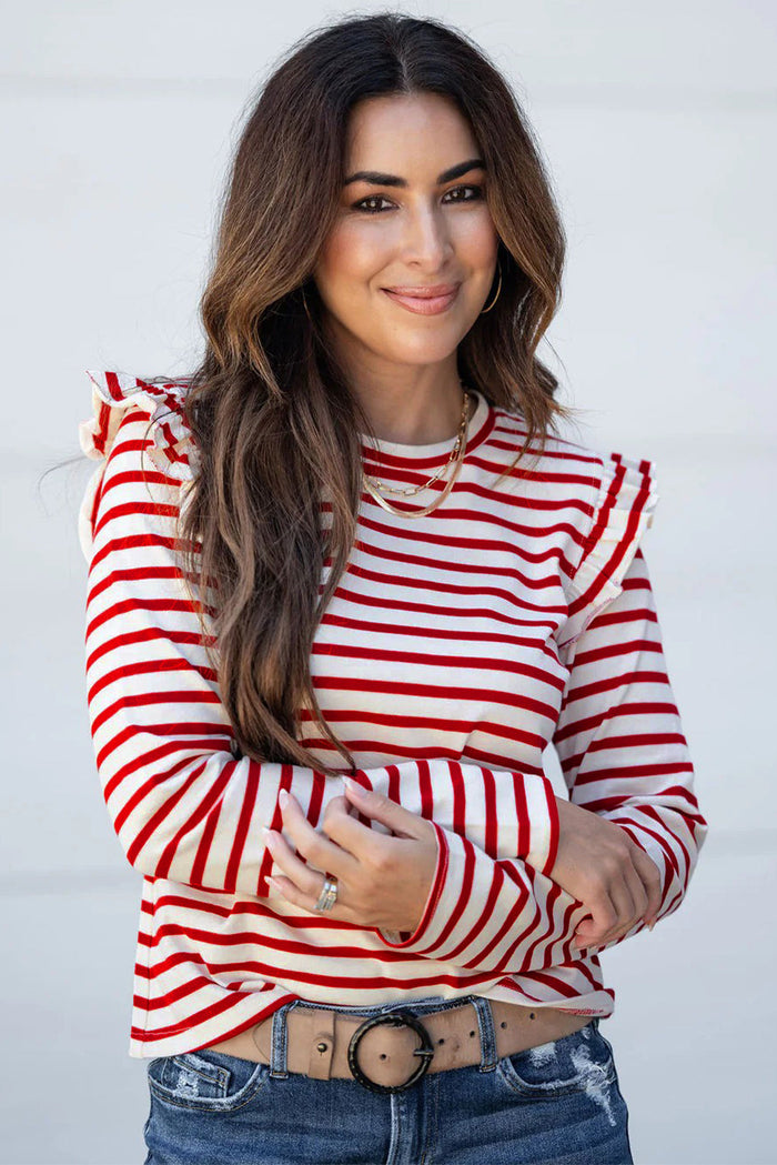 Stripe Round Neck Ruffle Trim Long Sleeve Top - Tops/Long Tops