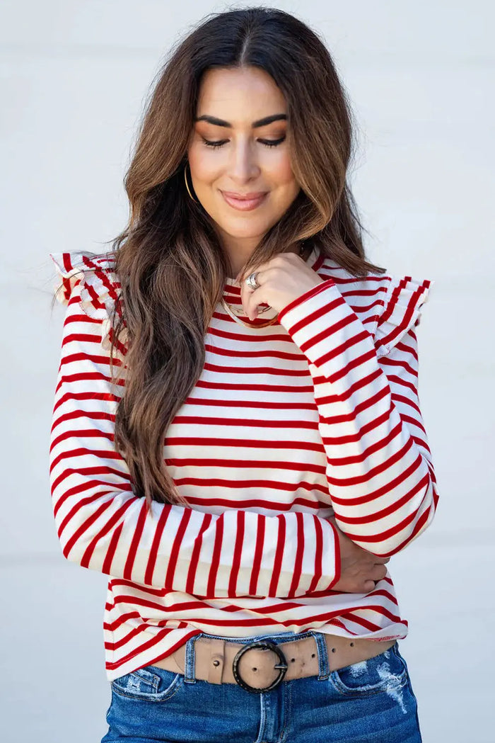 Stripe Round Neck Ruffle Trim Long Sleeve Top - Tops/Long Tops