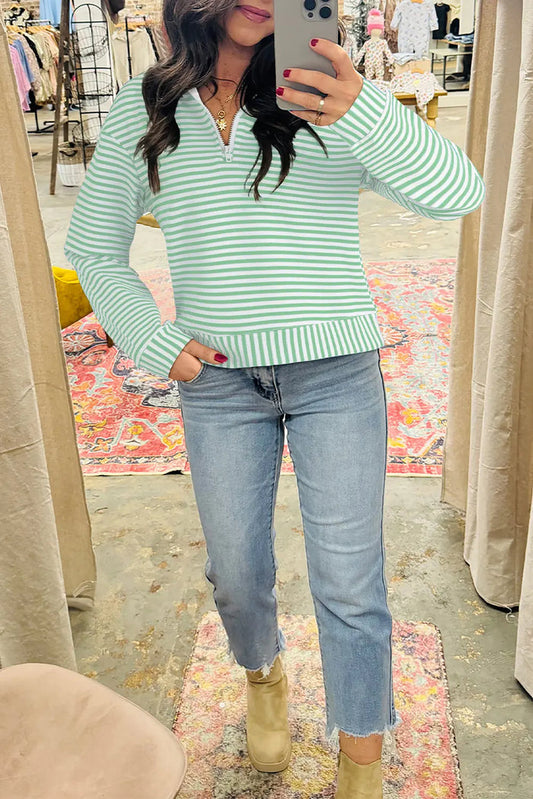 Striped Quarter Zip Collar Long Sleeve Top - Green / S - Tops/Long Tops