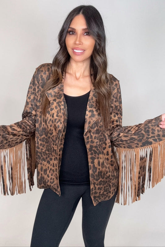 Style the Suede Brown Leopard Fringe Jacket exclusively at Born To Glam
