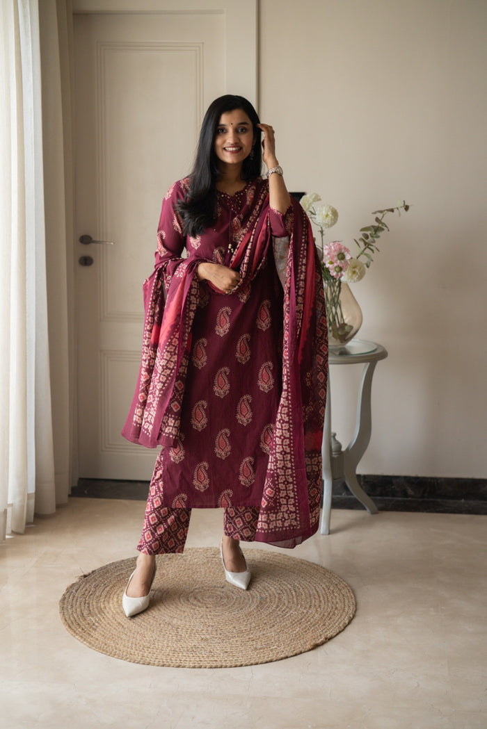Suhani Batik Cotton Set- Wine