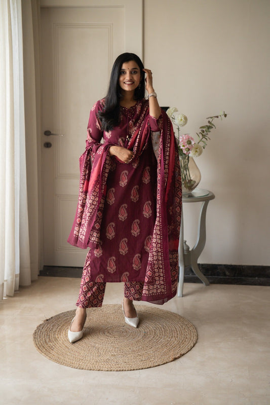 Suhani Batik Cotton Set- Wine