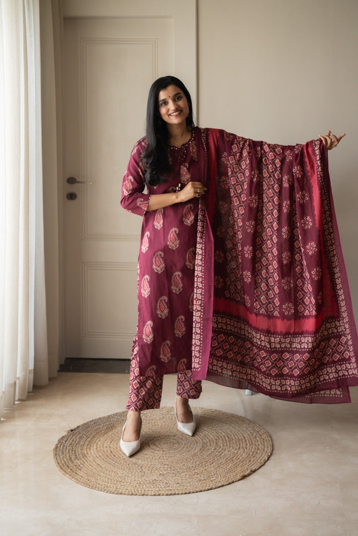 Suhani Batik Cotton Set- Wine