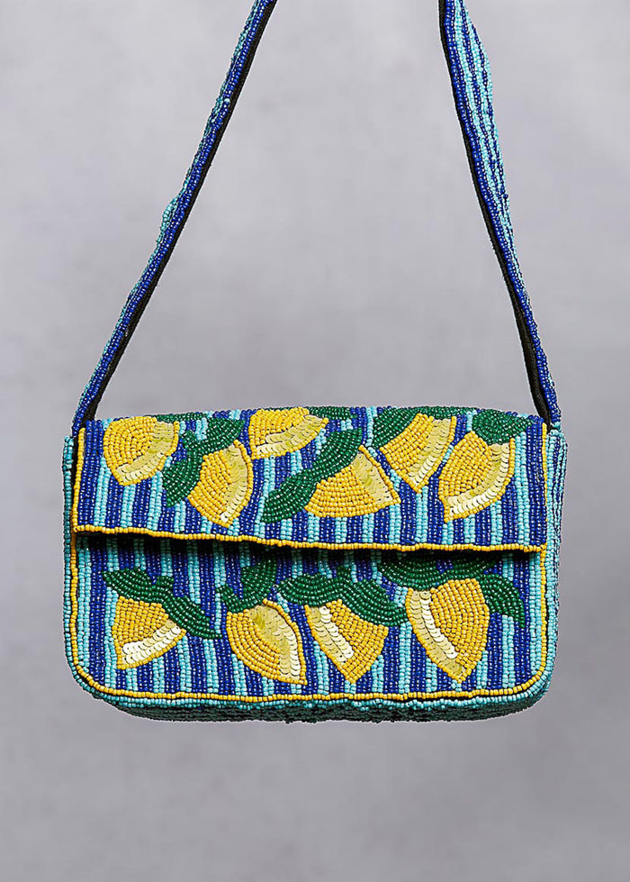 Summer Beaded Striped Shoulder Bag - Blue