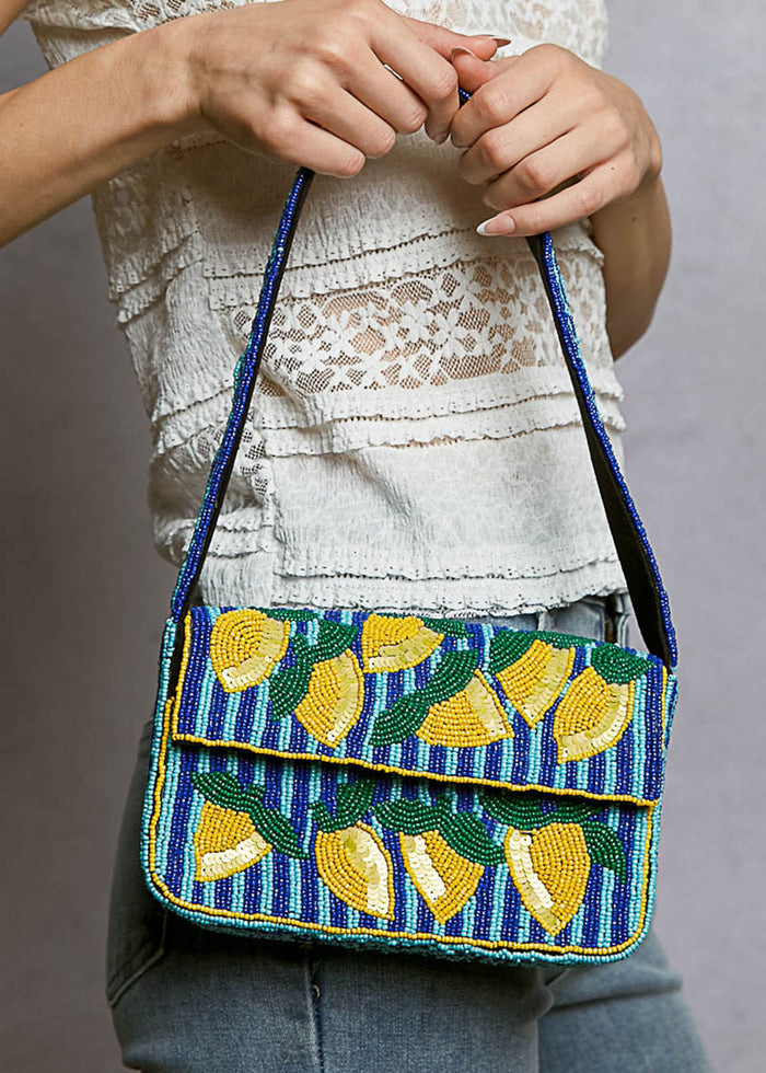 Summer Beaded Striped Shoulder Bag - Blue