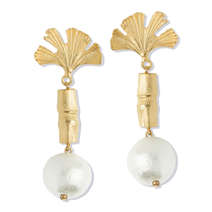 Susan Shaw Pearl Ginkgo + Bamboo Earrings