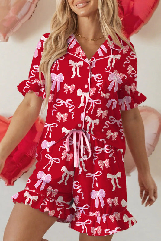 Sweet Bow Print Ruffled Short Sleeve Shirt Shorts Pyjama Set - Red / S - Loungewear & Sleepwear/Pyjama