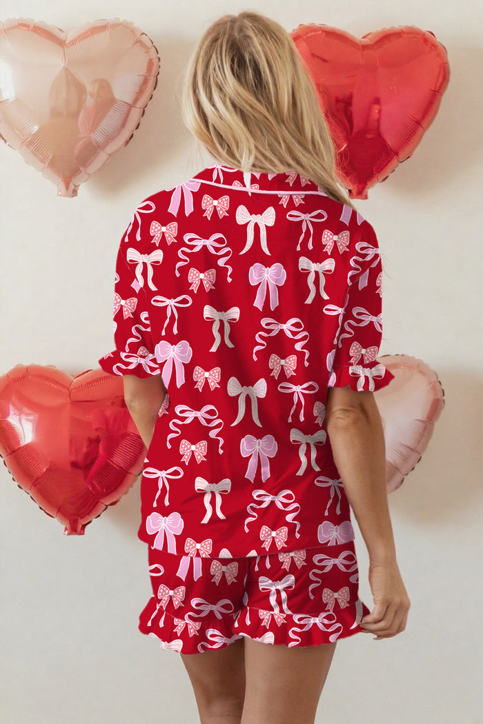 Sweet Bow Print Ruffled Short Sleeve Shirt Shorts Pyjama Set - Loungewear & Sleepwear/Pyjama