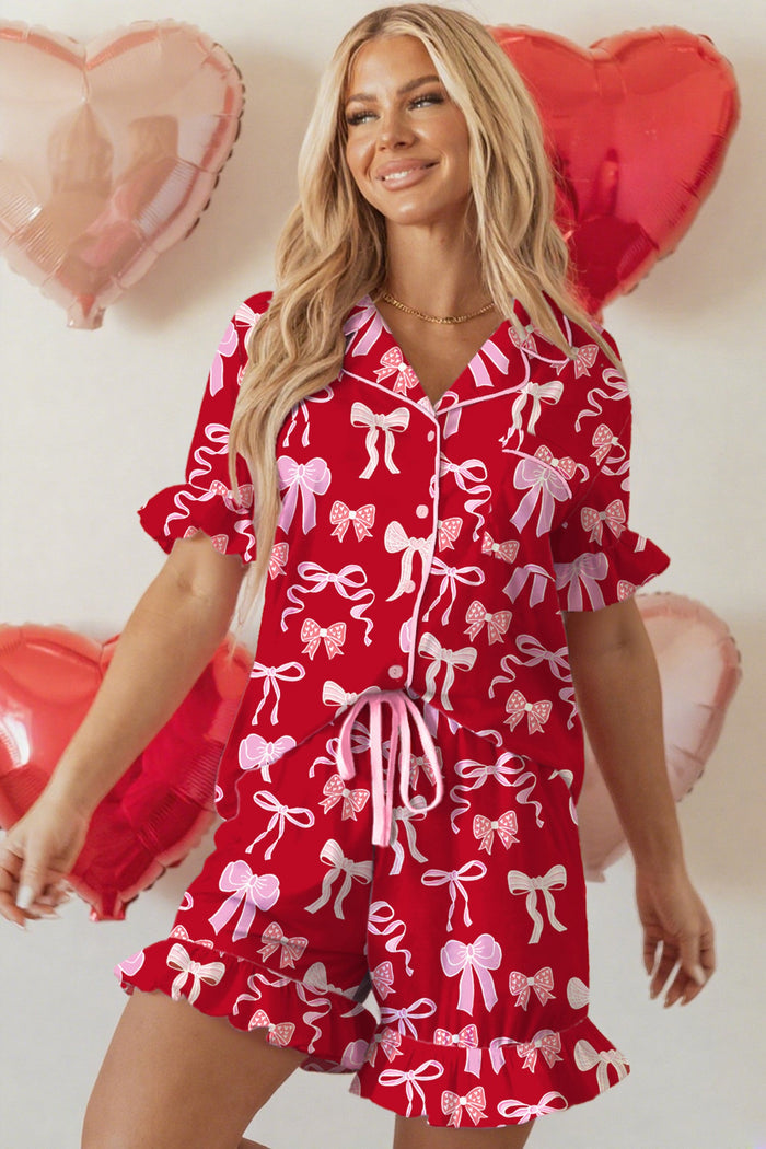 Sweet Bow Print Ruffled Short Sleeve Shirt Shorts Pyjama Set - Loungewear & Sleepwear/Pyjama