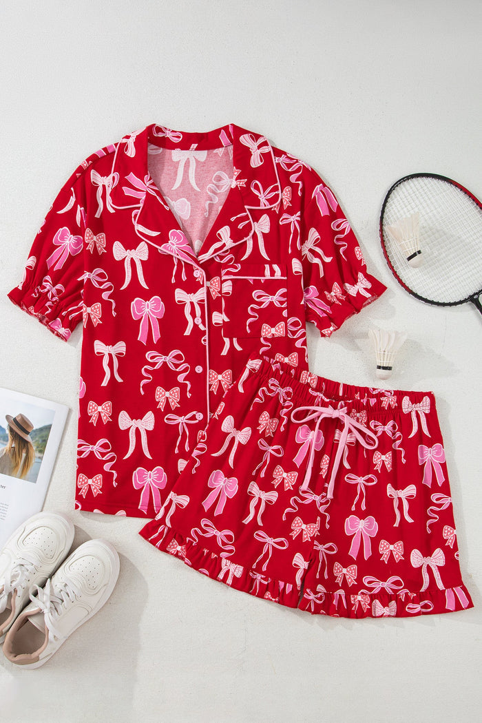 Sweet Bow Print Ruffled Short Sleeve Shirt Shorts Pyjama Set - Loungewear & Sleepwear/Pyjama