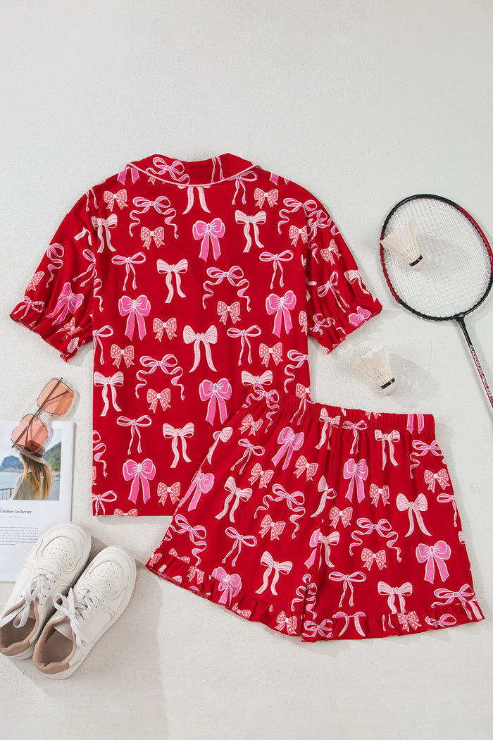 Sweet Bow Print Ruffled Short Sleeve Shirt Shorts Pyjama Set - Loungewear & Sleepwear/Pyjama