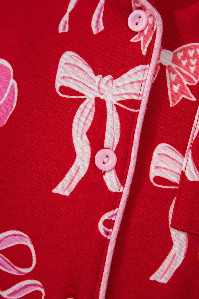 Sweet Bow Print Ruffled Short Sleeve Shirt Shorts Pyjama Set - Loungewear & Sleepwear/Pyjama