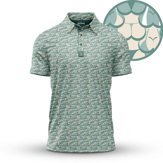 The T&A - Luscious - Polo features a light green color with a repeating stylized pangolin scale and face pattern, athletic fit, pointed collar, buttons, and moisture-wicking fabric. An inset detail shows the intricate scale design up close.