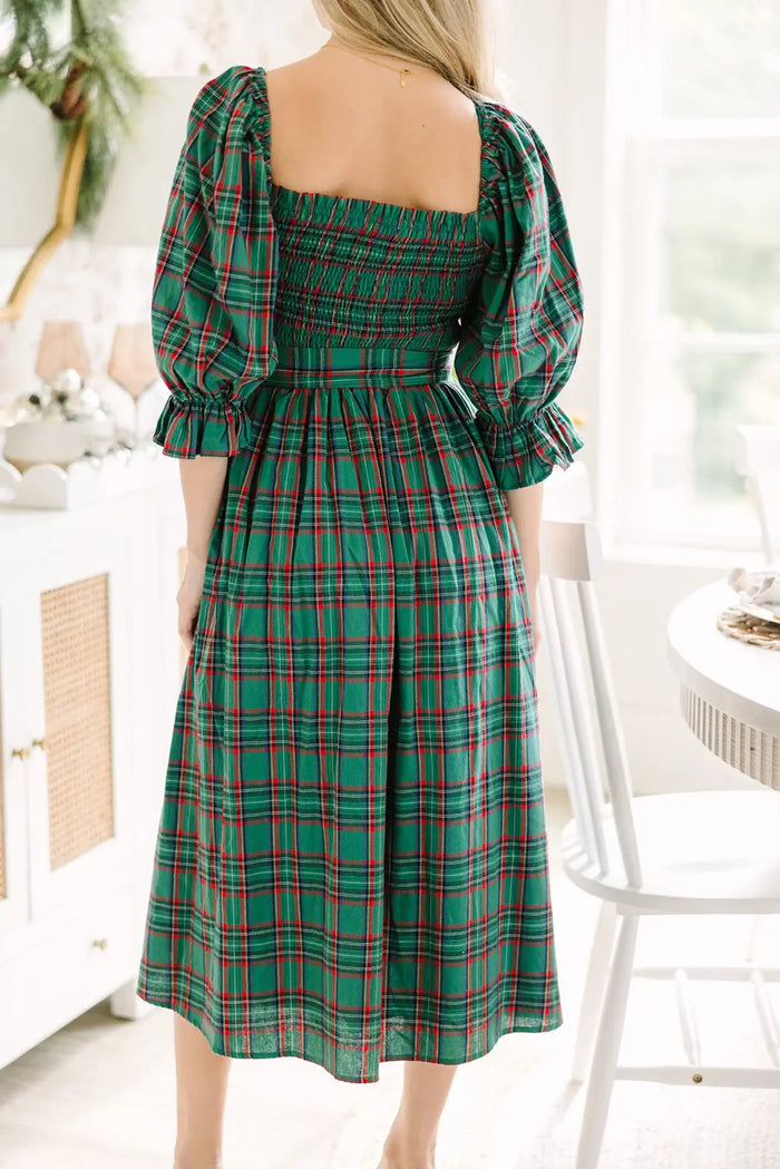 Tartan Plaid Square Neck Puff Sleeve Knot Waist Flared Midi Dress - Green / S - Dresses/Midi Dresses
