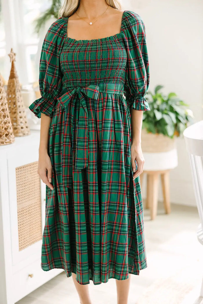 Tartan Plaid Square Neck Puff Sleeve Knot Waist Flared Midi Dress - Dresses/Midi Dresses