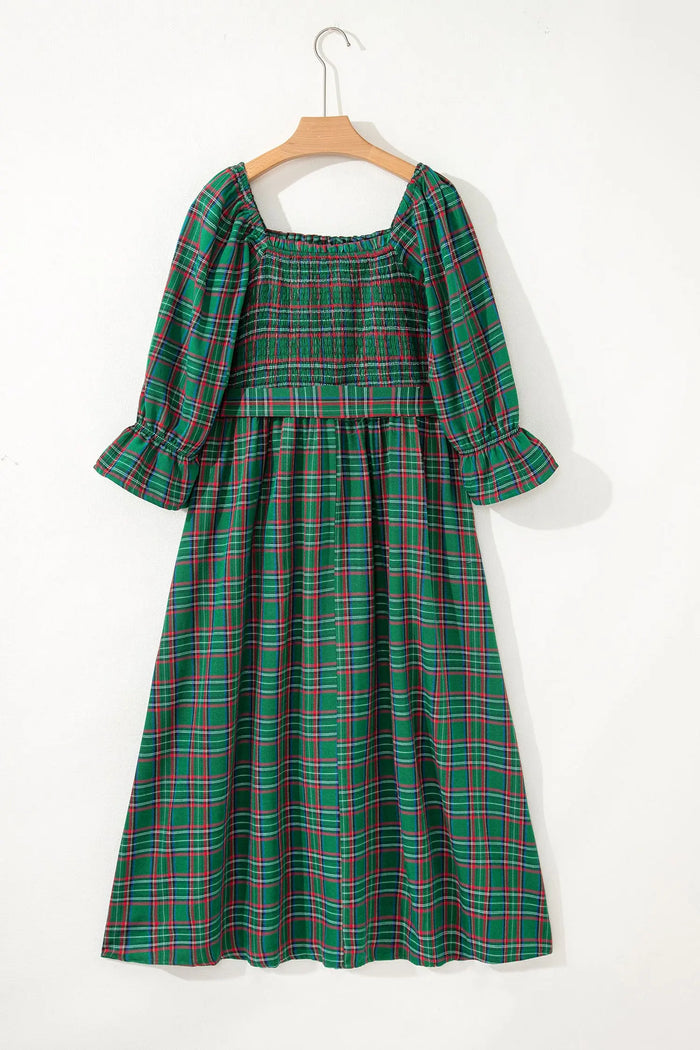 Tartan Plaid Square Neck Puff Sleeve Knot Waist Flared Midi Dress - Dresses/Midi Dresses